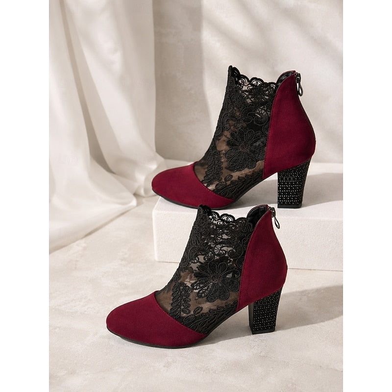 Women's Flower-Print Lace-Detail Block-Heel Booties – view 3