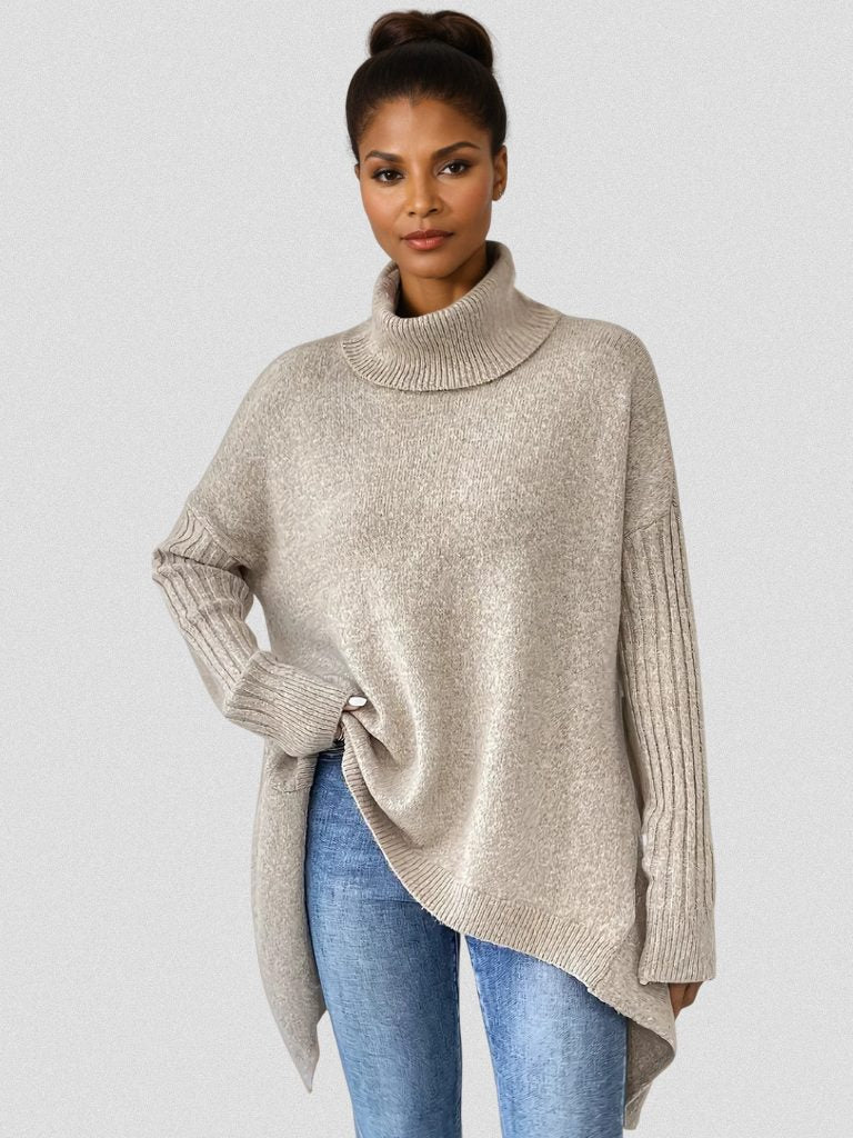 Women's Loose-Fit Asymmetric-Hem Roll-Neck Knit Pullover – Beige