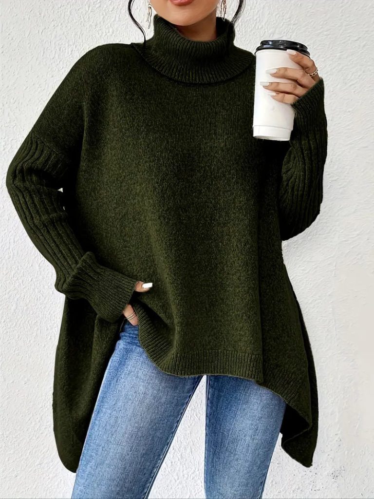 Women's Loose-Fit Asymmetric-Hem Roll-Neck Knit Pullover – Dark Green