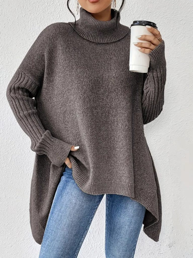 Women's Loose-Fit Asymmetric-Hem Roll-Neck Knit Pullover – Taupe