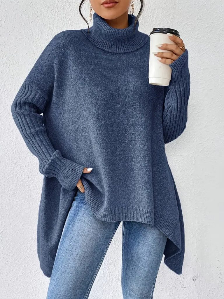 Women's Loose-Fit Asymmetric-Hem Roll-Neck Knit Pullover – Blue