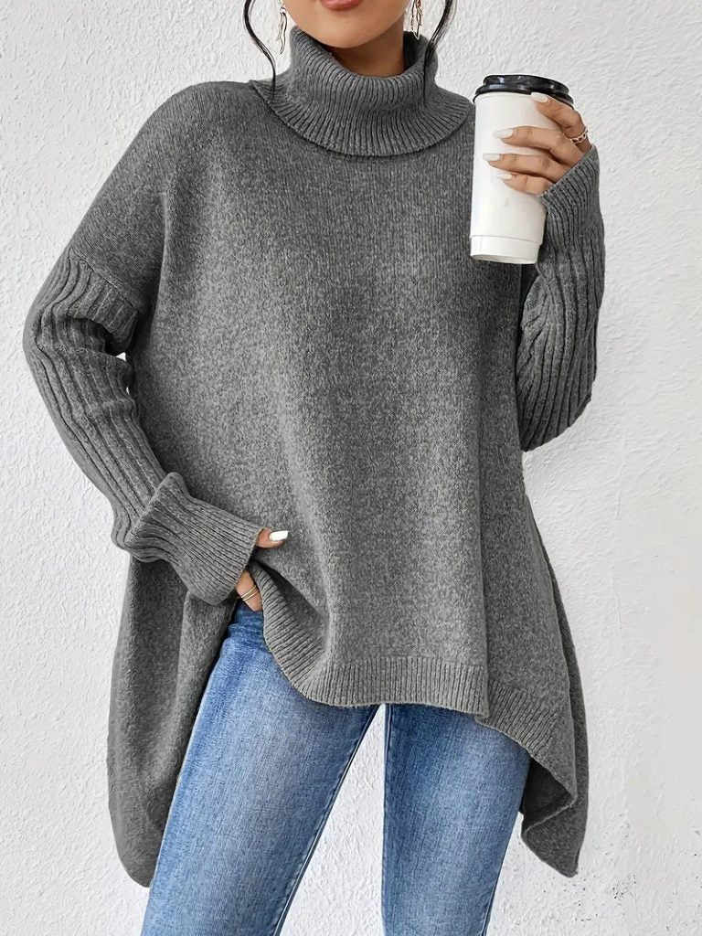 Women's Loose-Fit Asymmetric-Hem Roll-Neck Knit Pullover – Gray