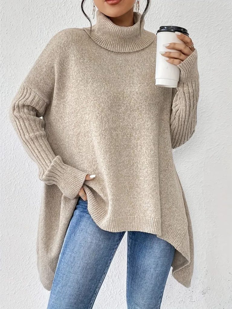 Women's Loose-Fit Asymmetric-Hem Roll-Neck Knit Pullover – view 6