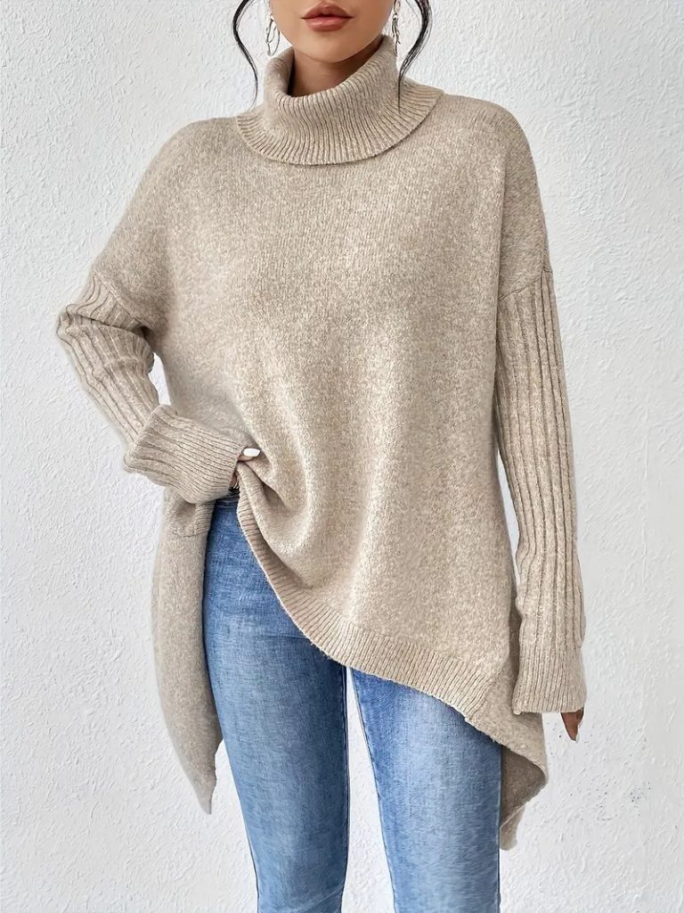 Women's Loose-Fit Asymmetric-Hem Roll-Neck Knit Pullover – view 9