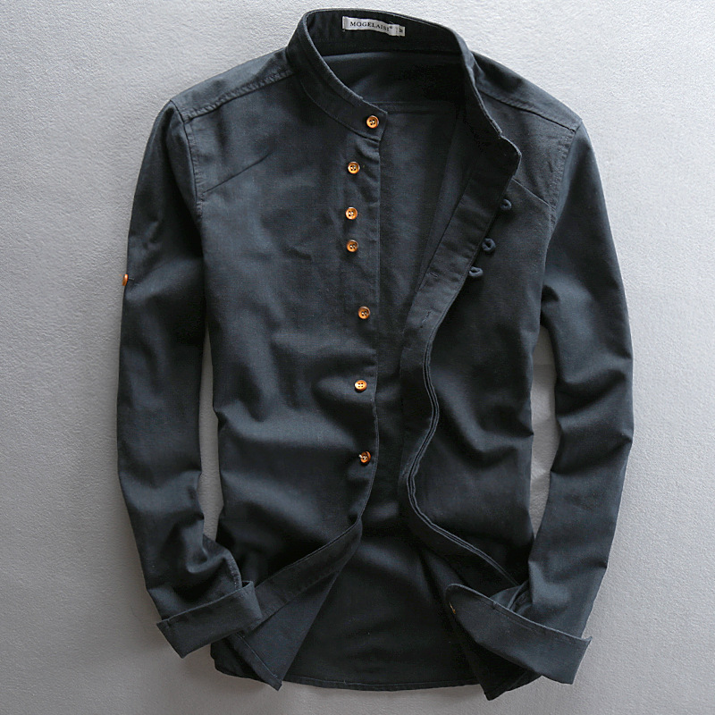Men's Grandad Collar Button-Up Shirt for Layering – Black