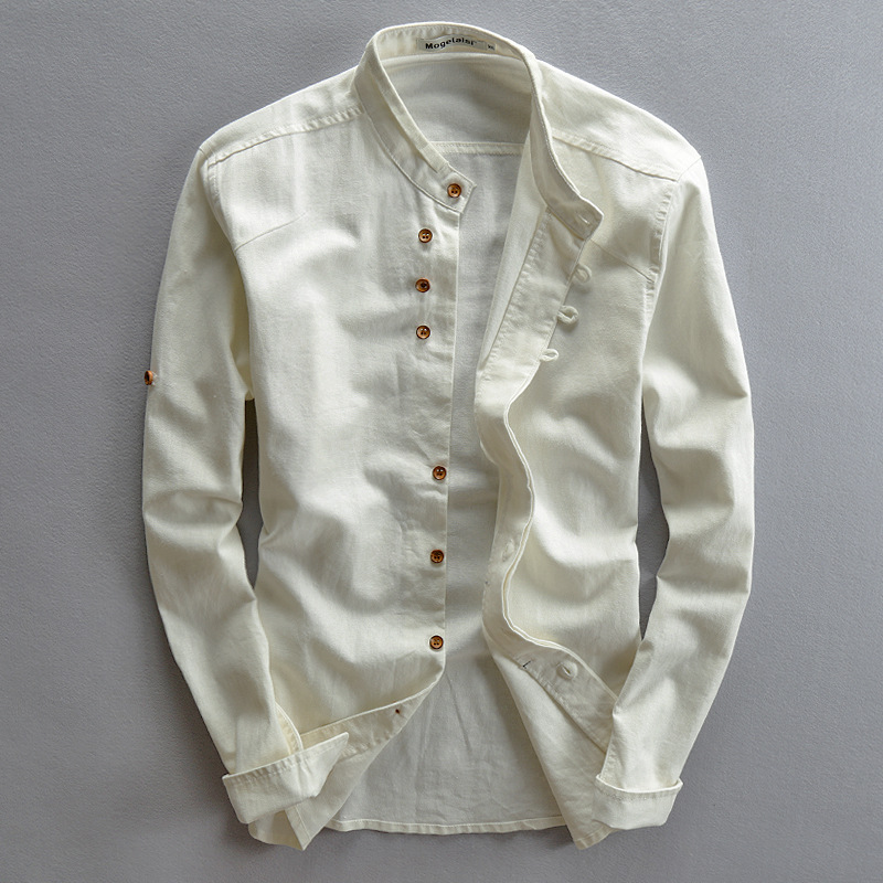 Men's Grandad Collar Button-Up Shirt for Layering – White