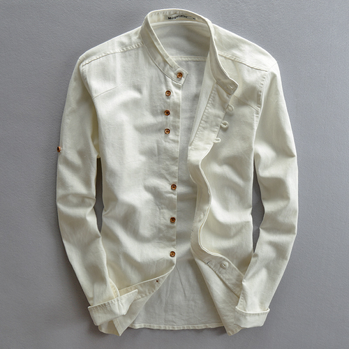 Men's Grandad Collar Button-Up Shirt for Layering – White