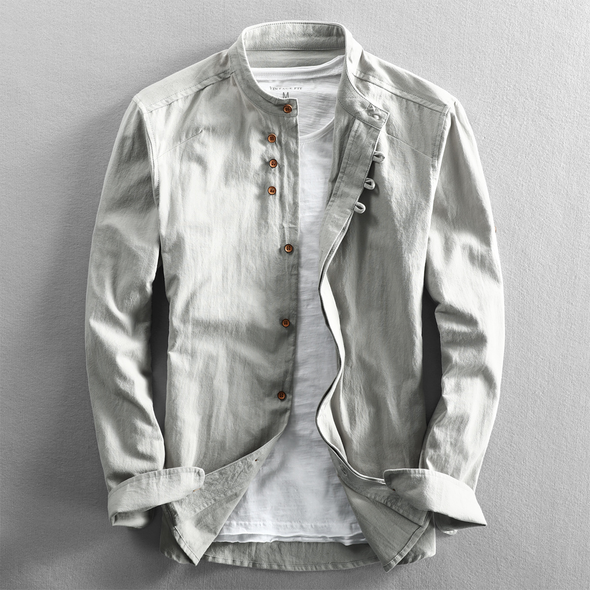 Men's Grandad Collar Button-Up Shirt for Layering – Light Gray