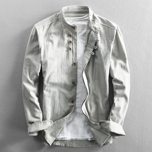Men's Grandad Collar Button-Up Shirt for Layering – Light Gray