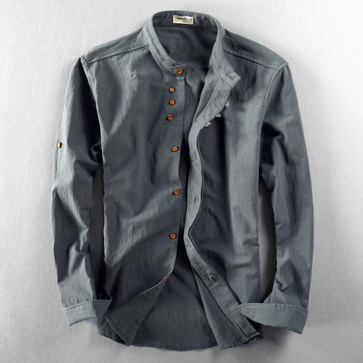 Men's Grandad Collar Button-Up Shirt for Layering – Dark Gray