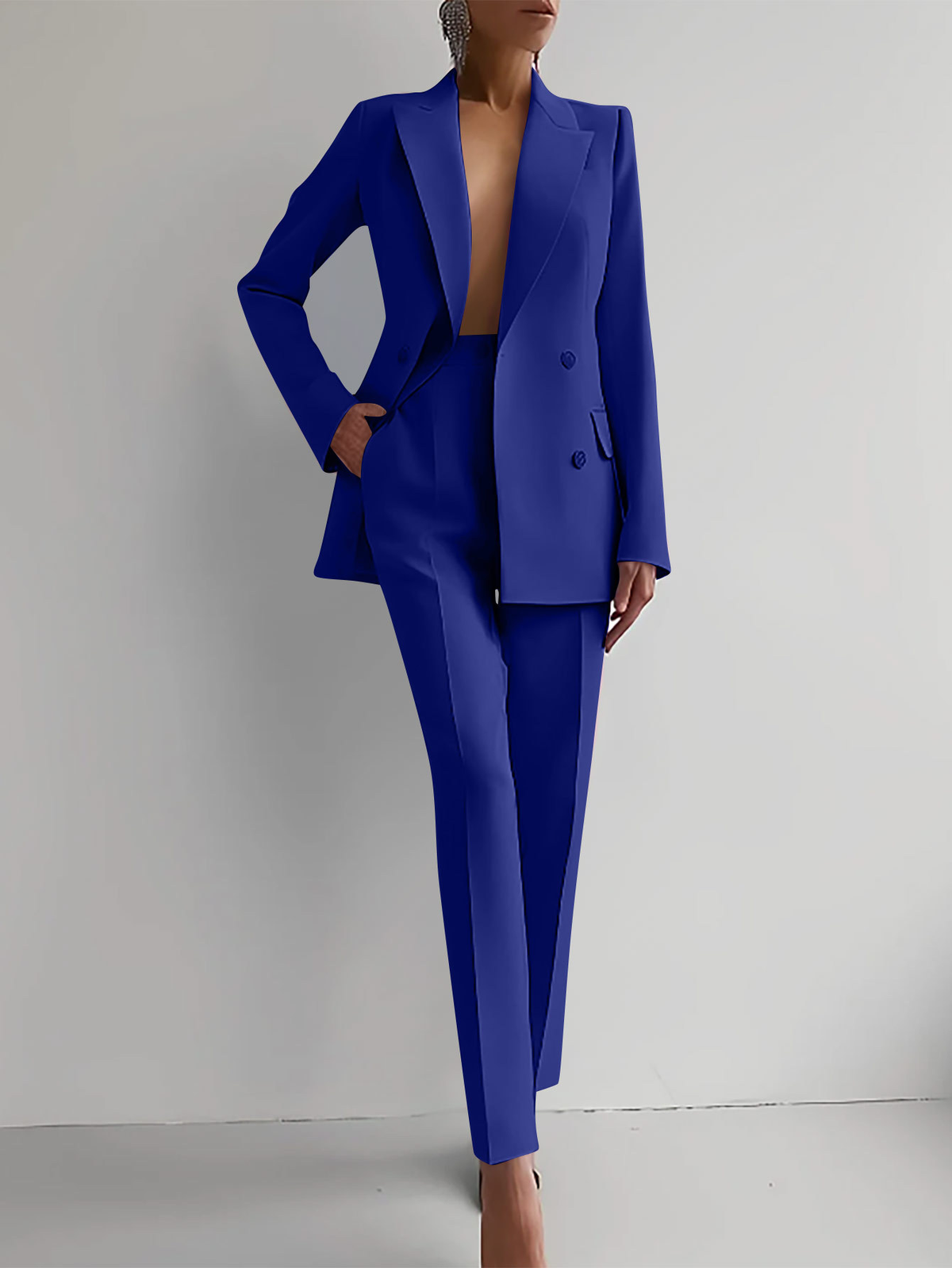 Women's Double-Breast Blazer and Slim-Cut Trouser Suit Set – Blue