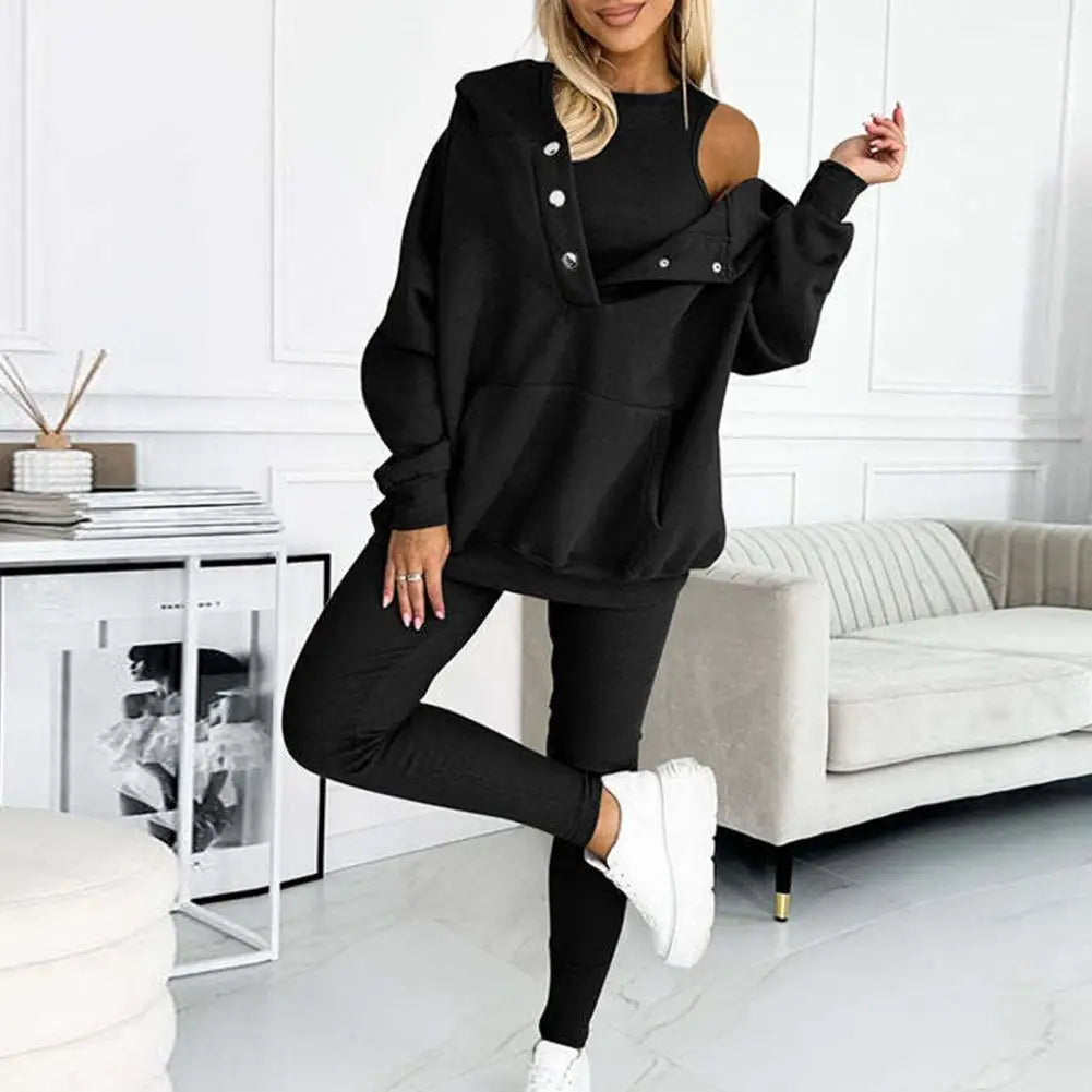 Women's Button-Neck Hoodie and Leggings Two-Piece Set for Layering – Black