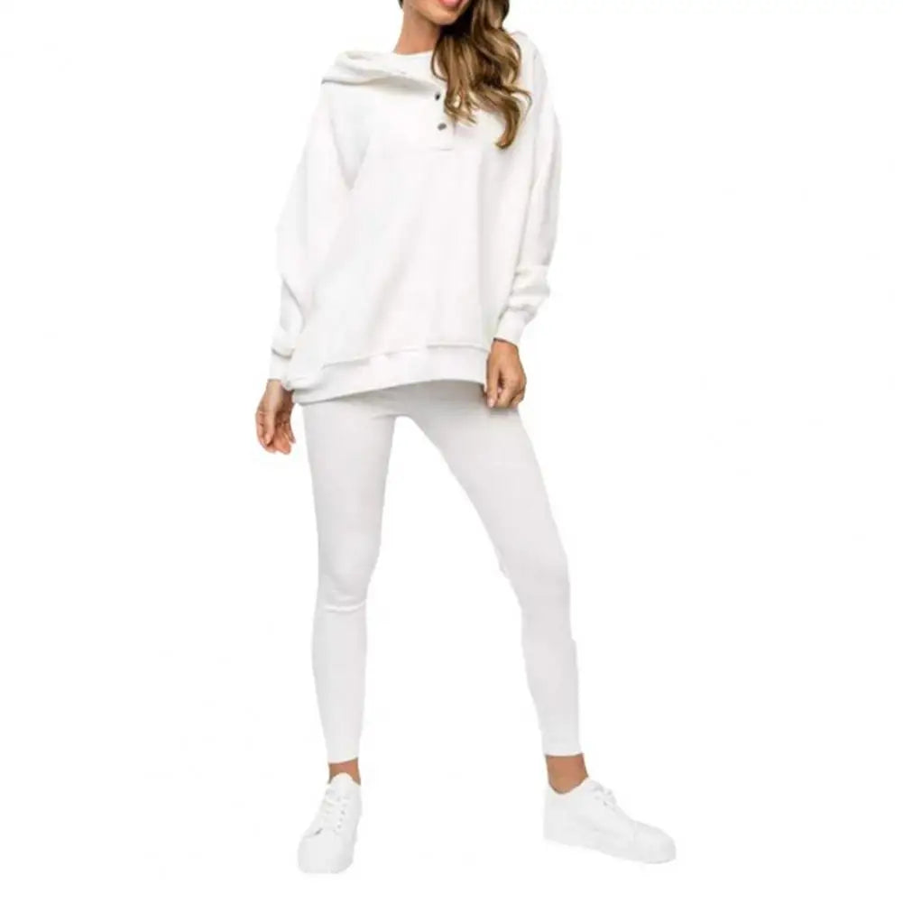 Women's Button-Neck Hoodie and Leggings Two-Piece Set for Layering – White