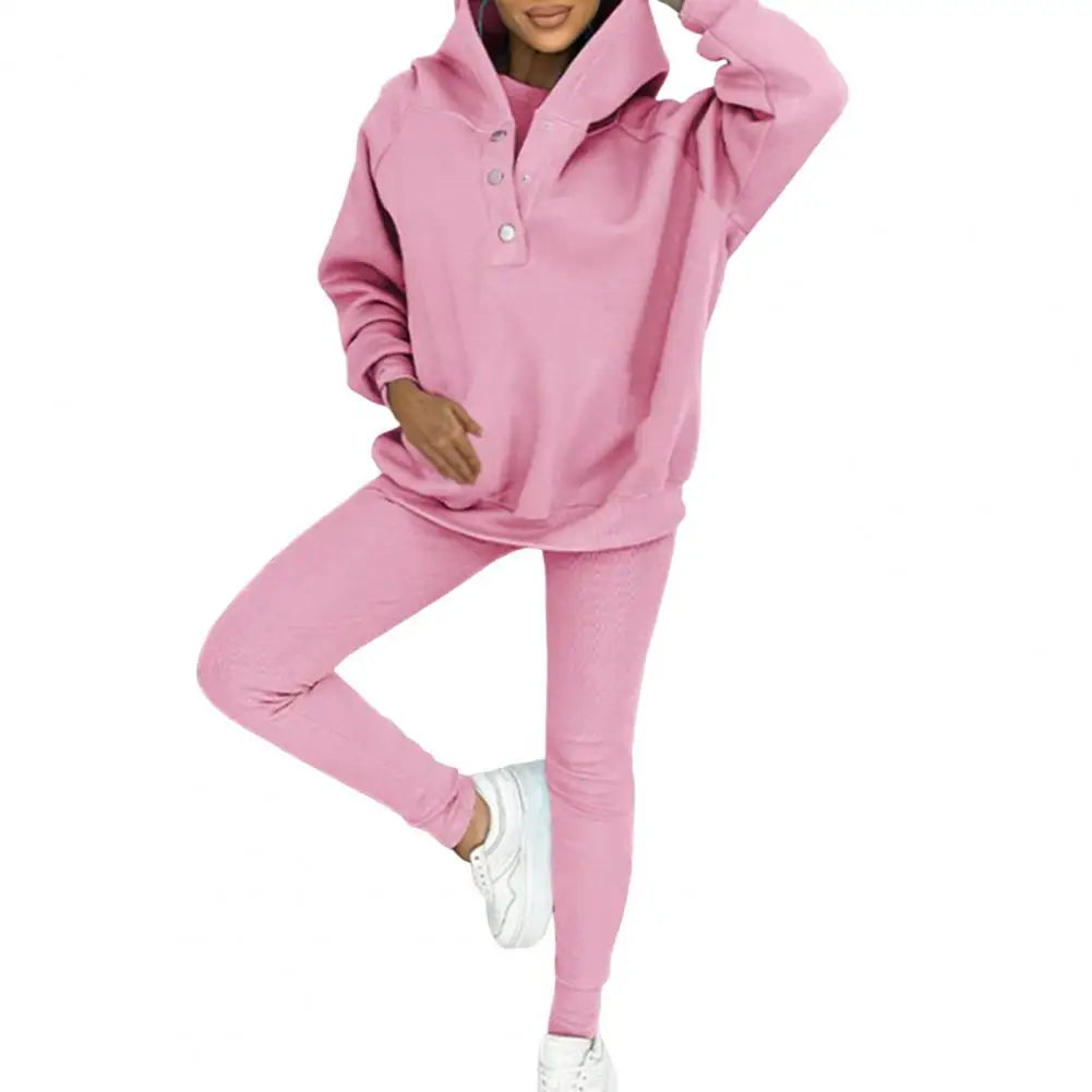 Women's Button-Neck Hoodie and Leggings Two-Piece Set for Layering – Pink