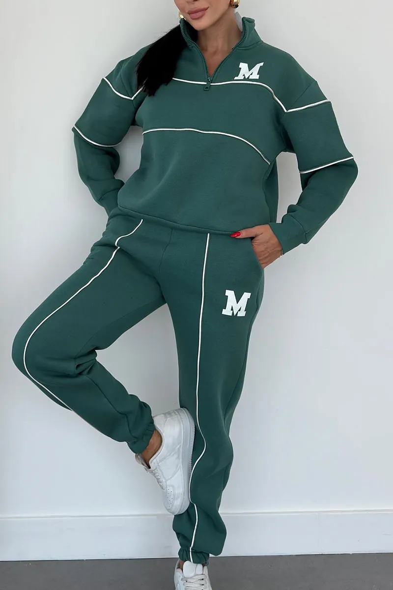 Women's Zip Neck Top and Slim-Tapered Jogger Set – Dark Green