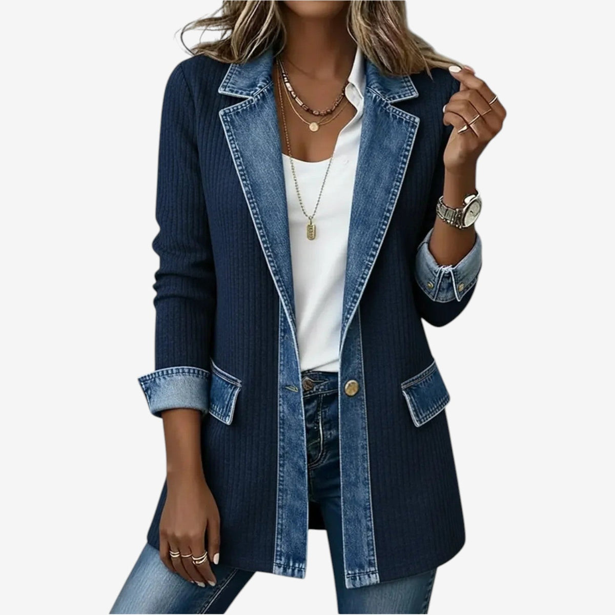 Women's Knit and Denim-Wash Layered Collar Button Jacket – view 6