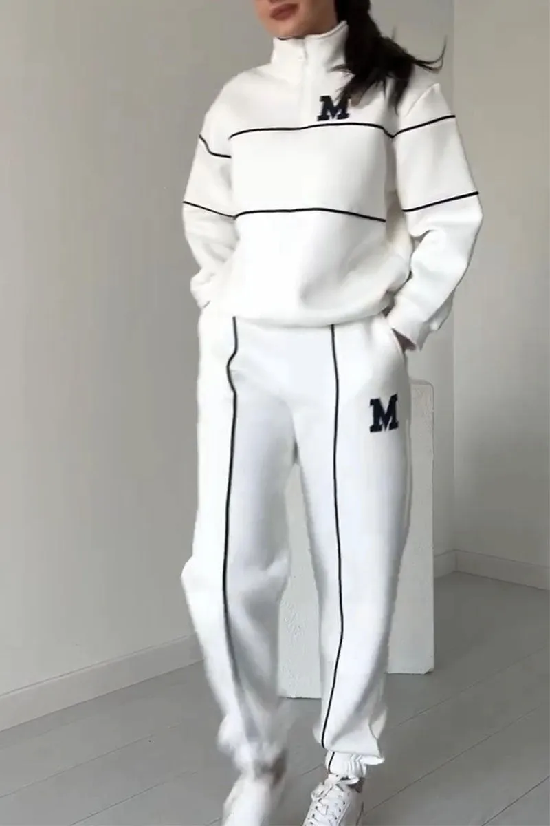 Women's Zip Neck Top and Slim-Tapered Jogger Set – White