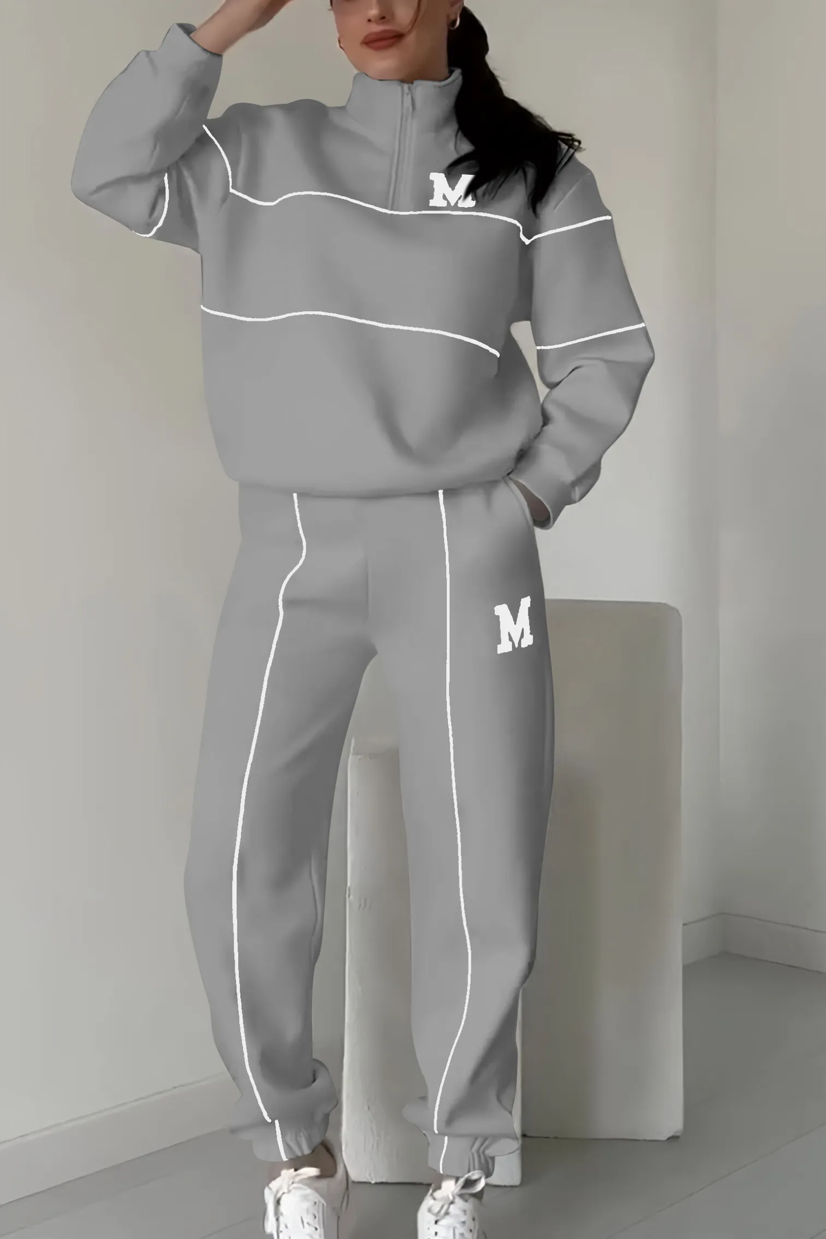 Women's Zip Neck Top and Slim-Tapered Jogger Set – Gray