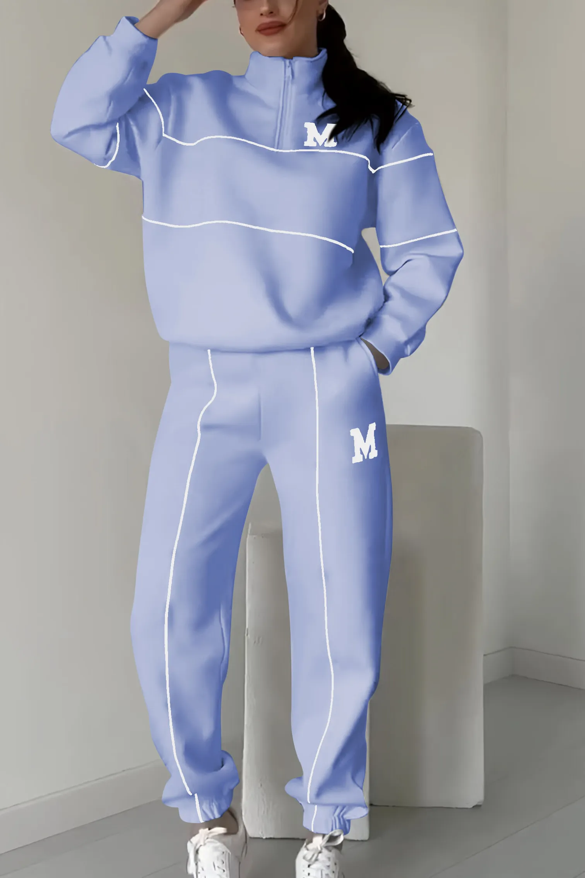 Women's Zip Neck Top and Slim-Tapered Jogger Set – Light Blue