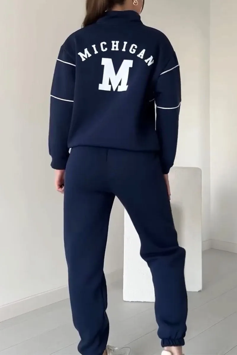 Women's Zip Neck Top and Slim-Tapered Jogger Set – Navy Blue