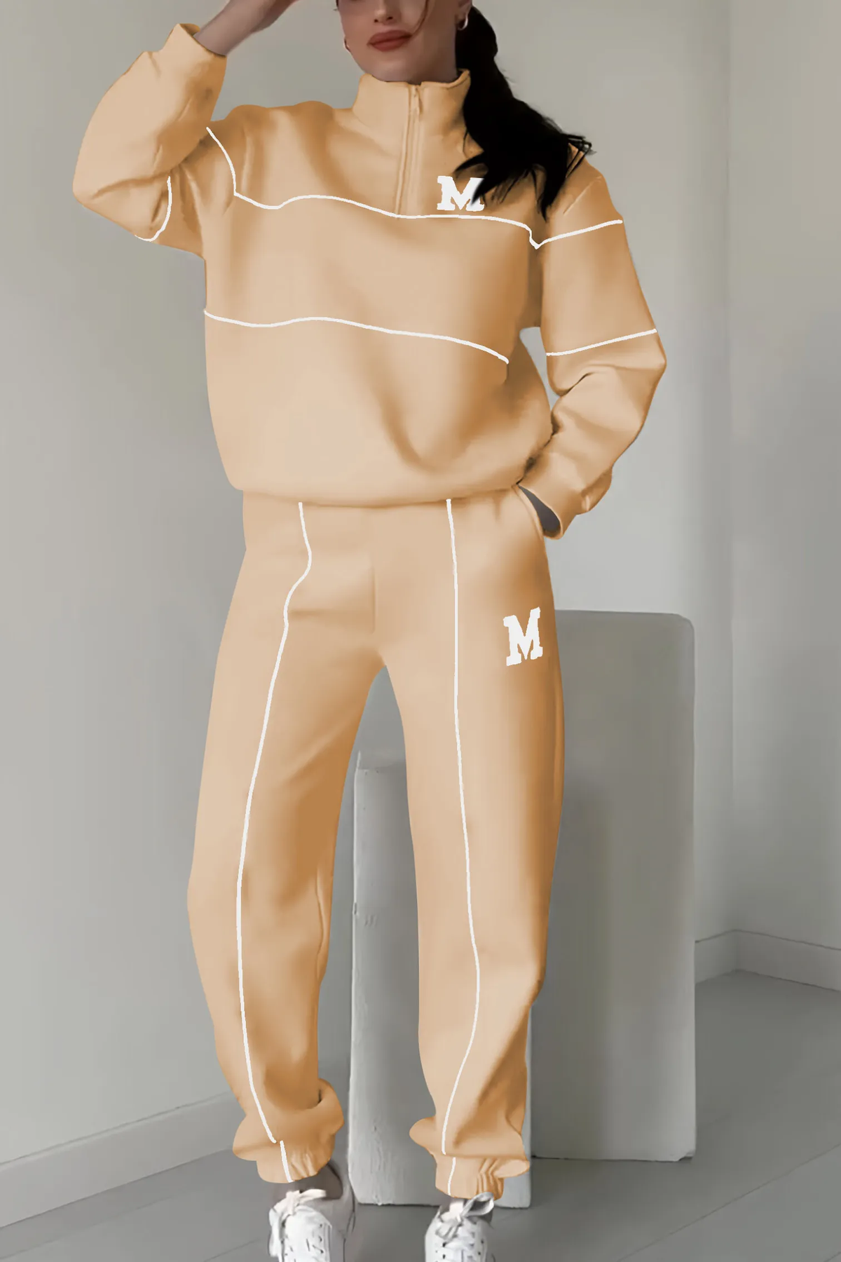 Women's Zip Neck Top and Slim-Tapered Jogger Set – Beige