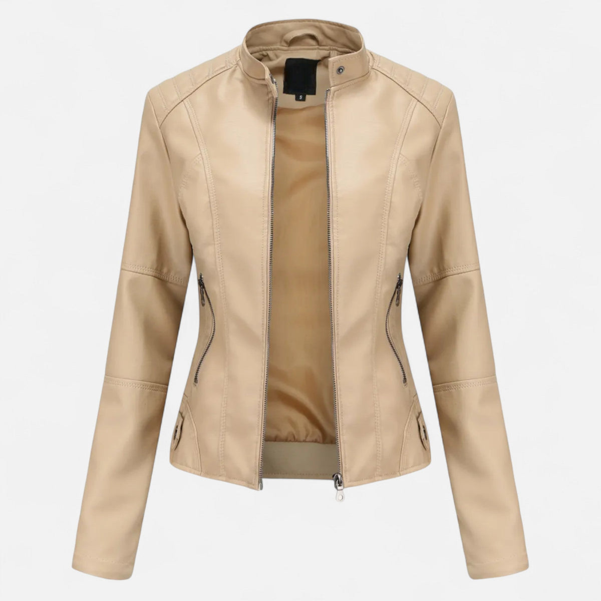 Women's Crop-Length Full-Zip Leather Jacket – Beige
