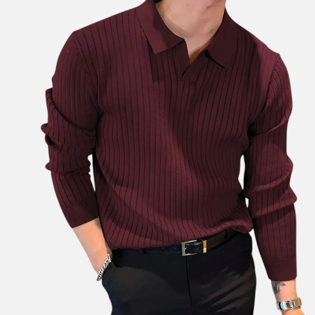 Men's Rib-Knit Long Sleeve Polo Shirt – Wine Red