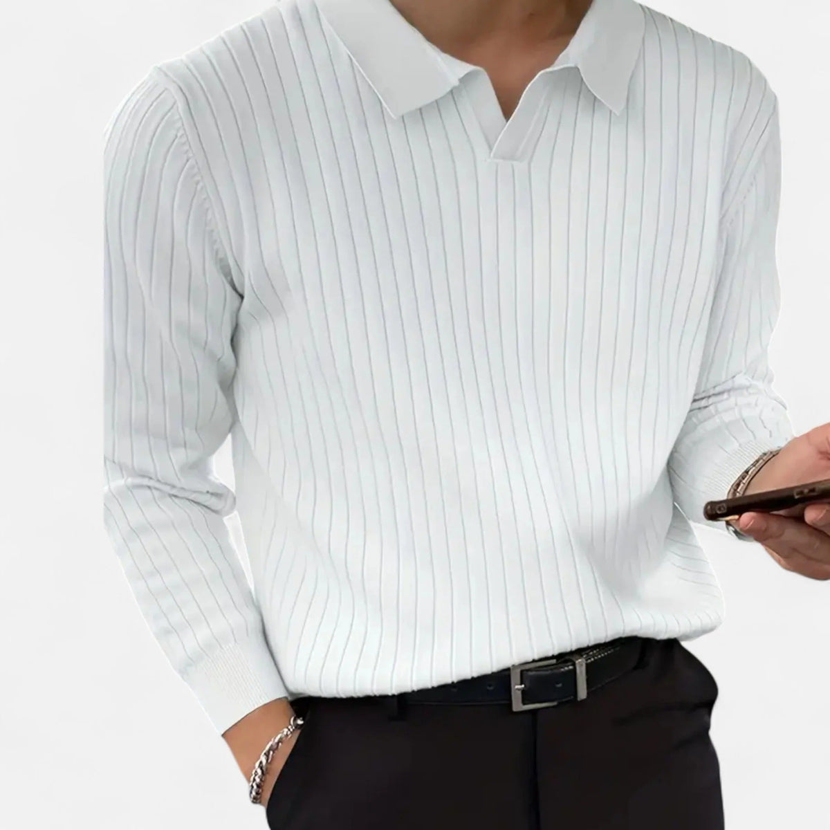 Men's Rib-Knit Long Sleeve Polo Shirt – White