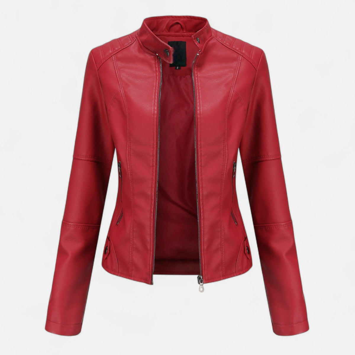 Women's Crop-Length Full-Zip Leather Jacket – Red