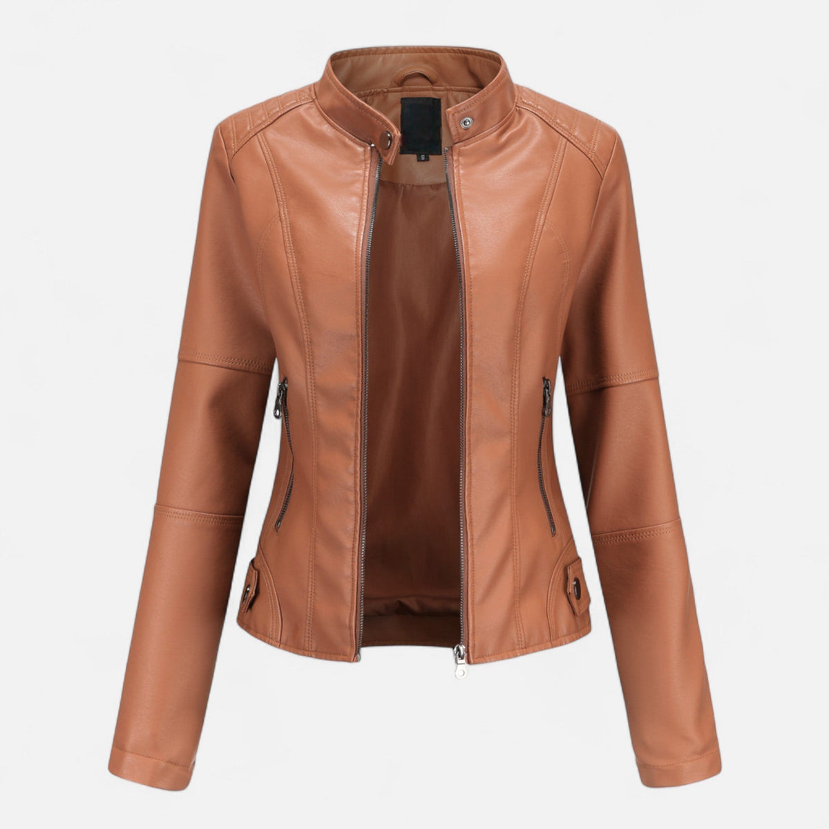 Women's Crop-Length Full-Zip Leather Jacket – Brown