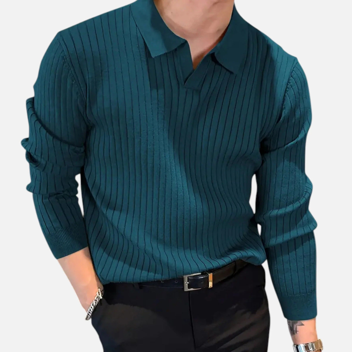 Men's Rib-Knit Long Sleeve Polo Shirt – Blue Green