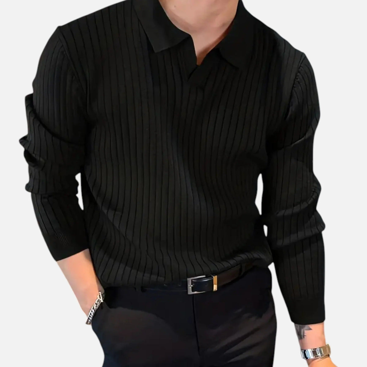 Men's Rib-Knit Long Sleeve Polo Shirt – Black