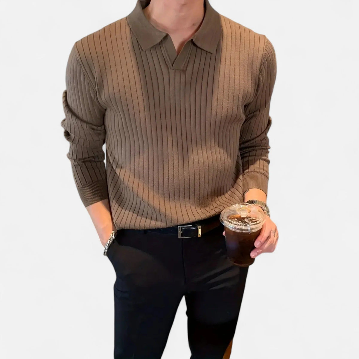 Men's Rib-Knit Long Sleeve Polo Shirt – Brown