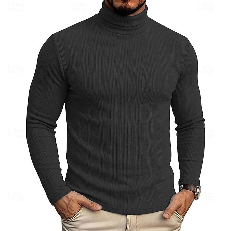 Men's Rib-Knit Texture Slim-Cut Fit Roll-Neck Knit Pullover – Black