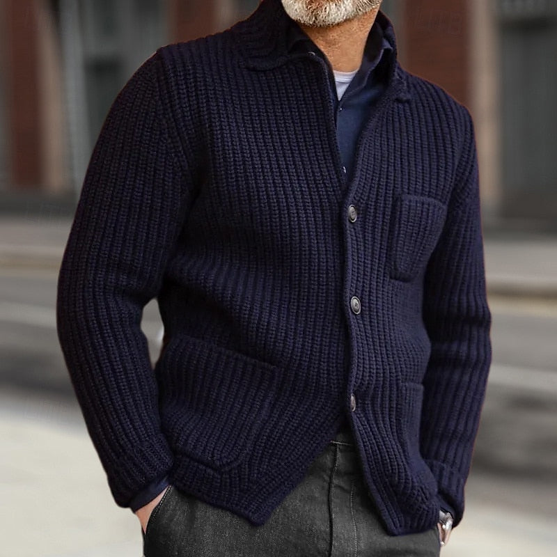 Men's Rib-Knit Stand-Collar Button Knit Cardigan with Pockets – Navy Blue