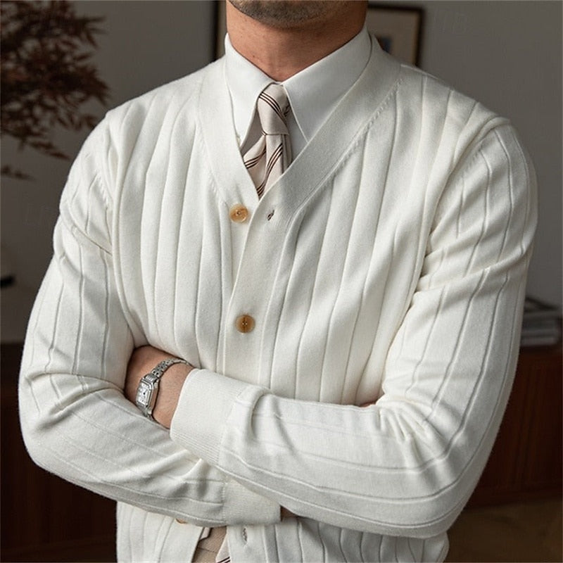 Men's Rib-Knit V-Neckline Button-Front Knit Cardigan – view 4