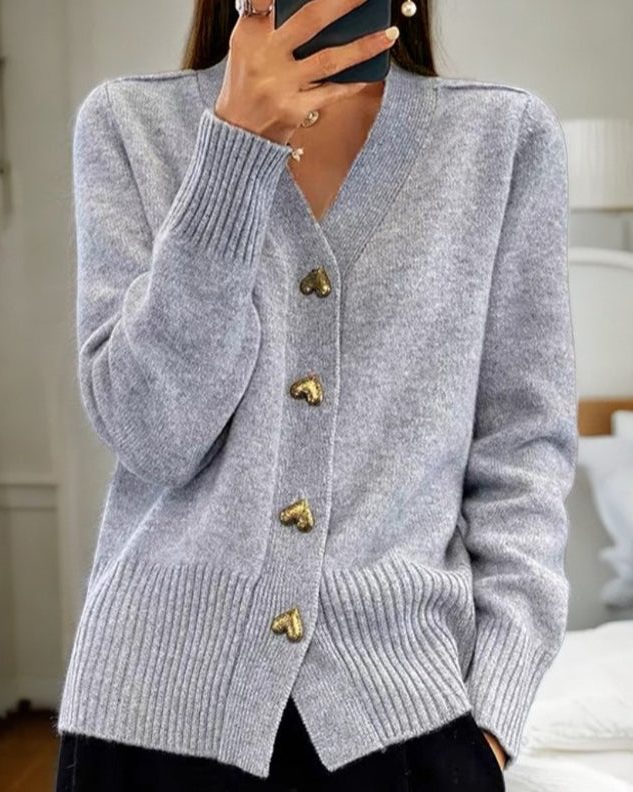 Women's Rib-Knit Button-Up Knit Cardigan – Gray