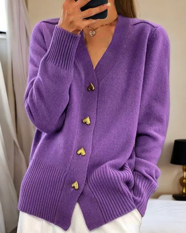 Women's Rib-Knit Button-Up Knit Cardigan – Purple