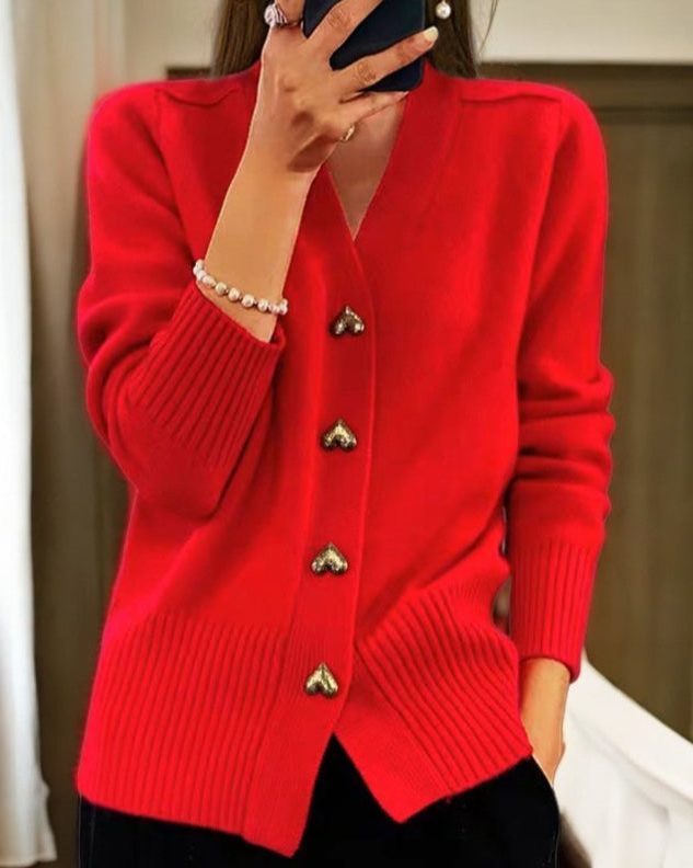 Women's Rib-Knit Button-Up Knit Cardigan – Red