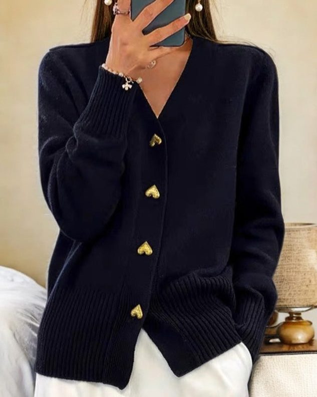 Women's Rib-Knit Button-Up Knit Cardigan – Black