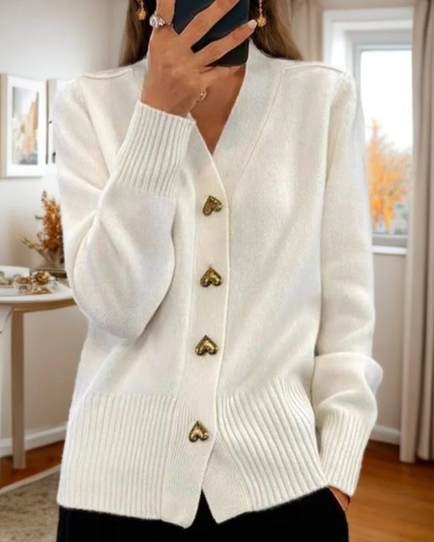 Women's Rib-Knit Button-Up Knit Cardigan – White
