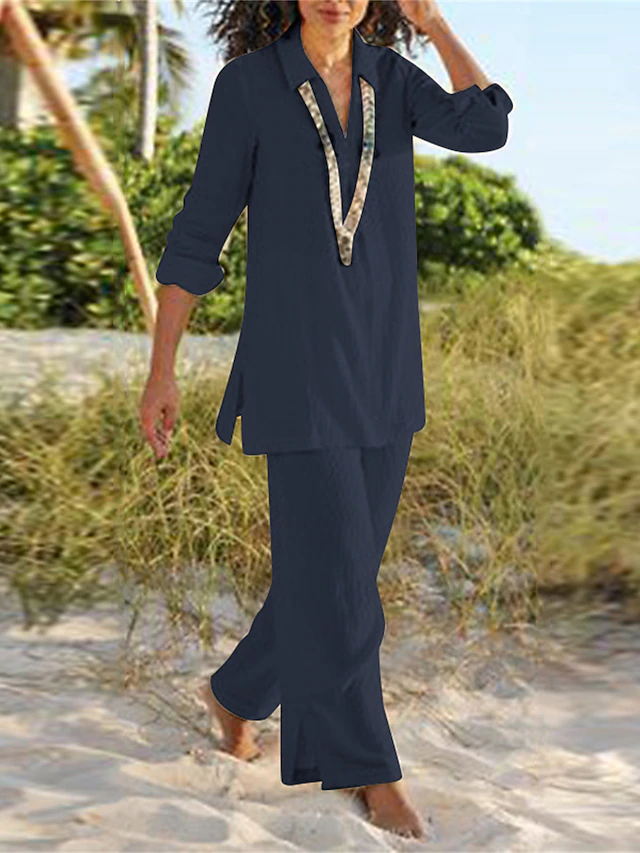 Women's V-Neckline Top and Wide-Cut Trouser Set – Dark Blue