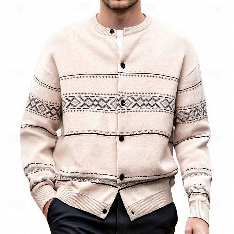 Men's Geometric Pattern Button-Front Holiday Knit Cardigan for Winter – Beige