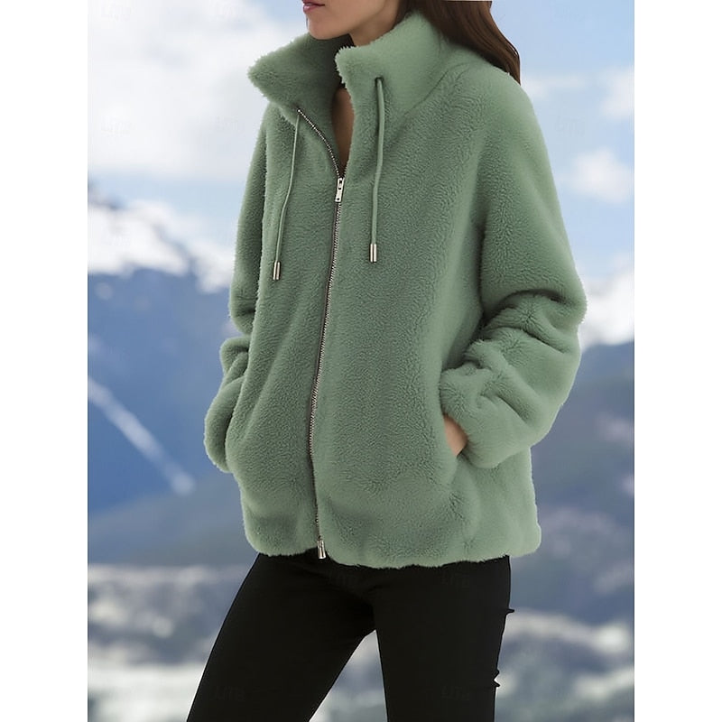 Women's Plush Zip-Front Stand Collar Coat – Green