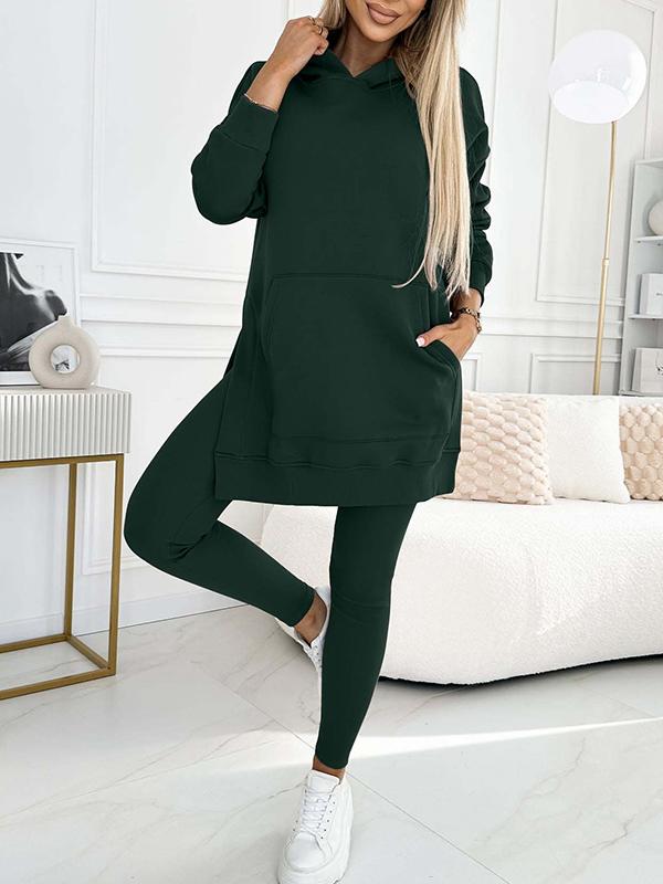 Women's Longline Hoodie and Leggings Set for Weekends – Dark Green