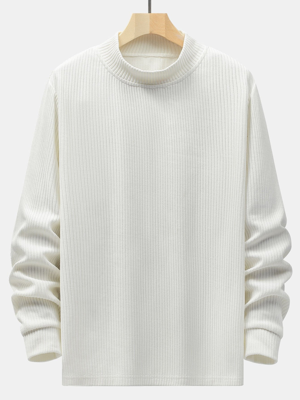 Men's Fine Rib-Knit Stretchy Mock-Neck Knit Pullover – White