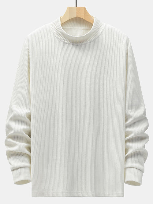 Men's Fine Rib-Knit Stretchy Mock-Neck Knit Pullover – White