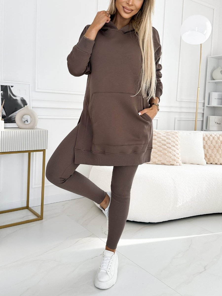 Women's Longline Hoodie and Leggings Set for Weekends – Brown