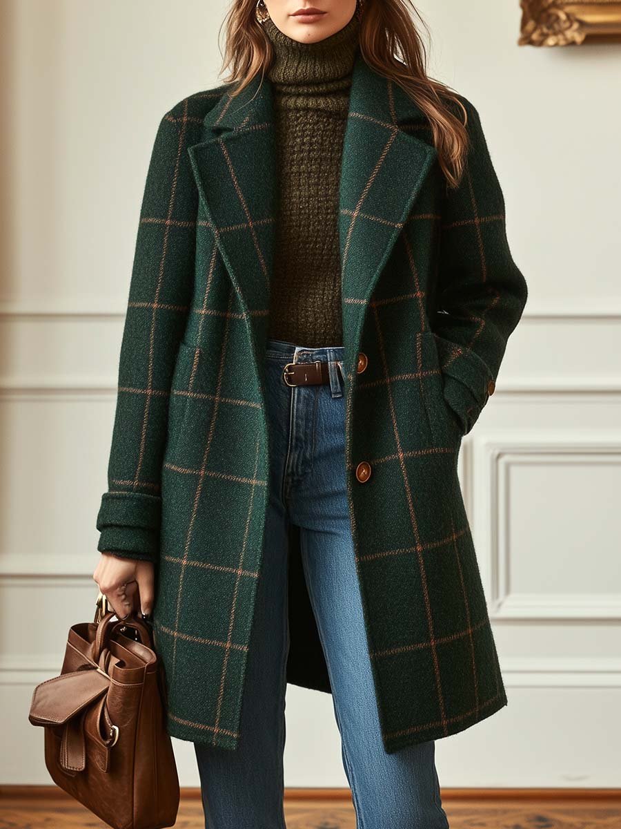 Women's Retro Tweed Check Coat for Layering – Dark Green