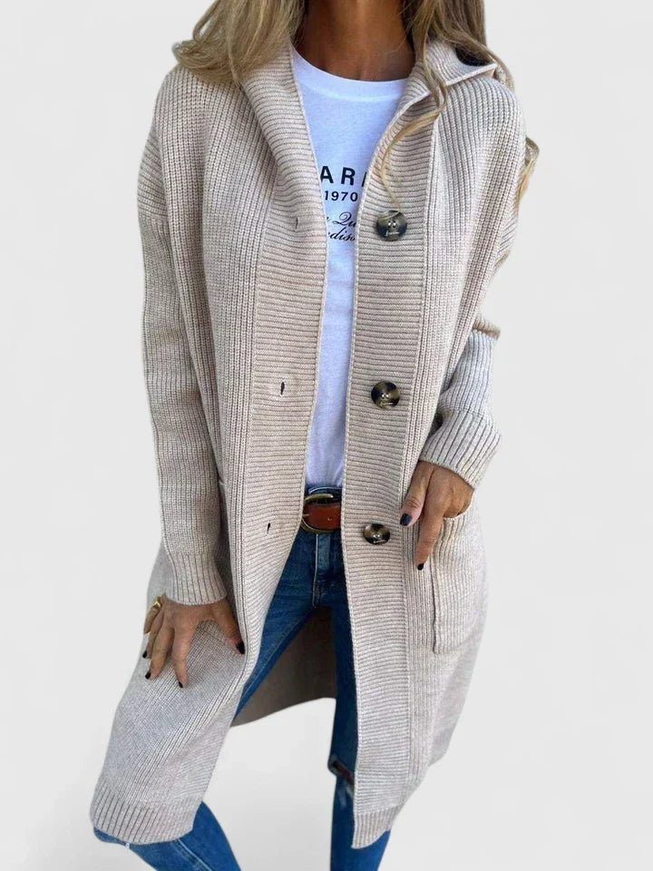 Women's Longline Button-Front Knit Cardigan – Beige